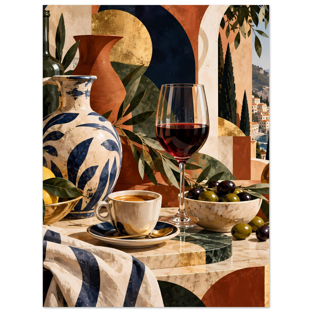 Poster mit mediterranem Stillleben: Vase, Weinrebe, Becher und Schale mit Oliven