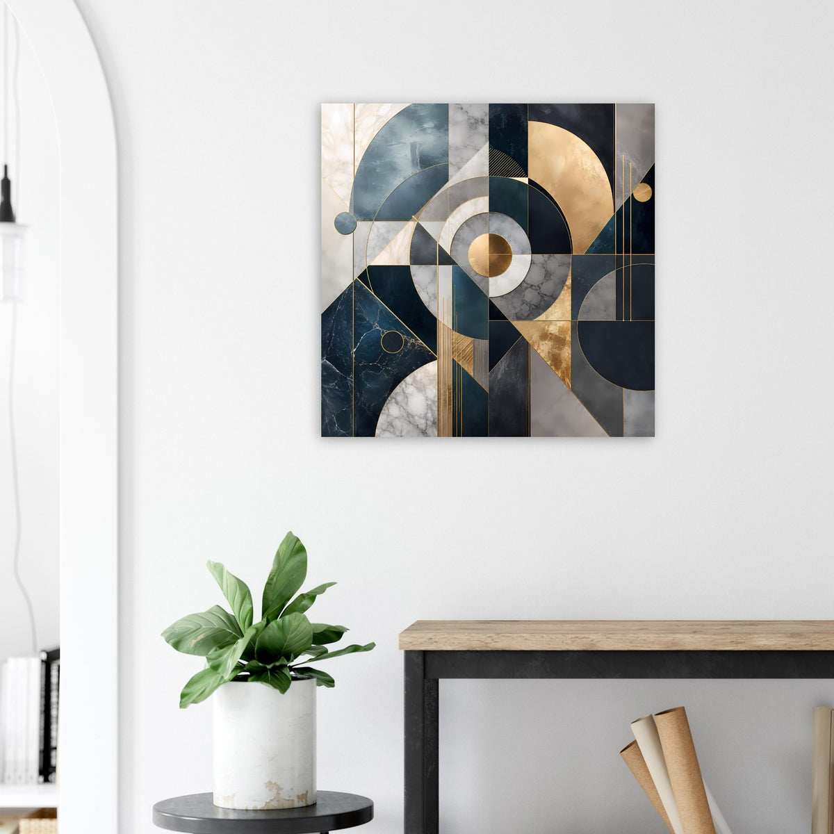Geometrisches Wandposter, quadratisch, Blau/Grau/Gold mit Kreis- und Streifenmotiven