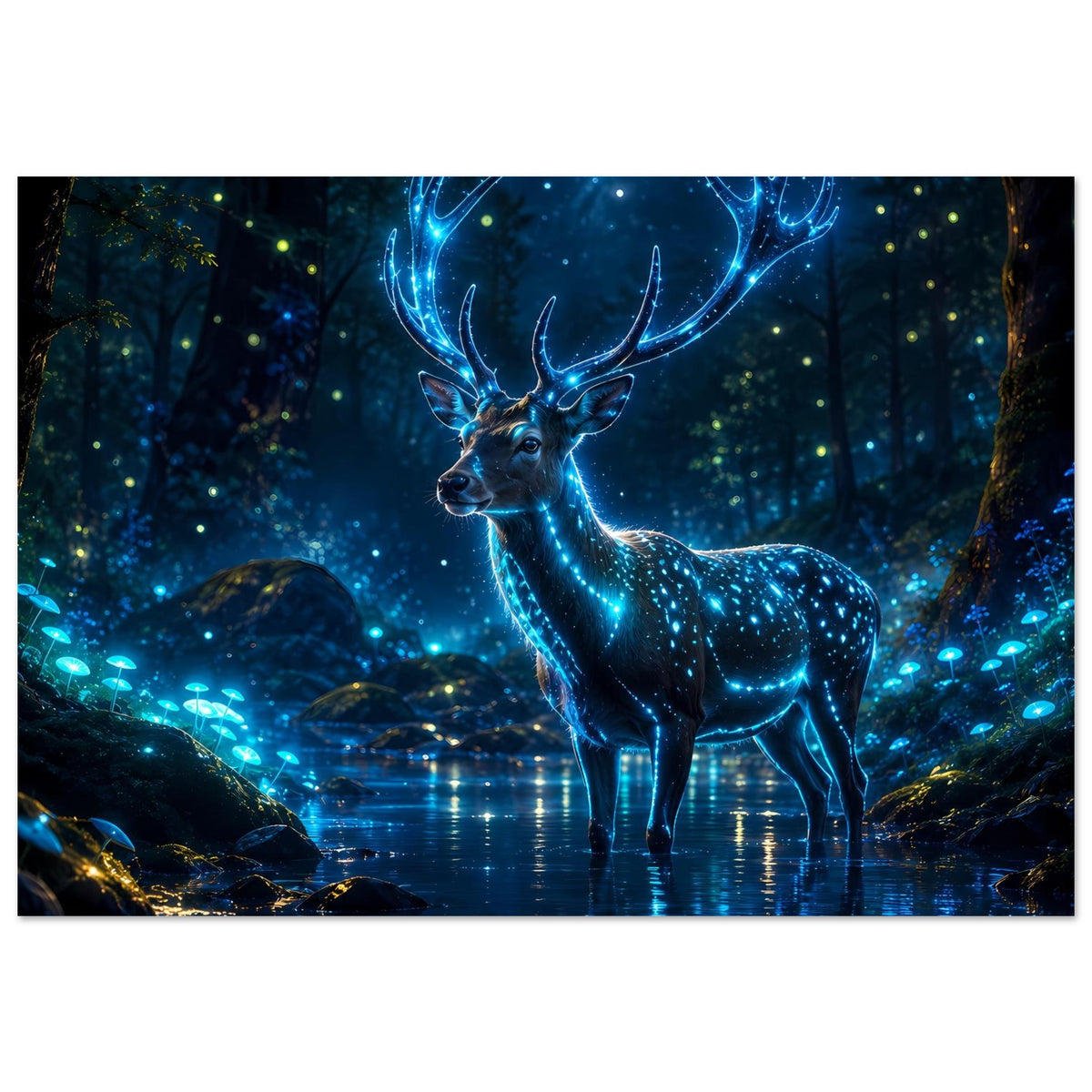 Poster mit leuchtendem Hirsch und funkelnden blauen Lichtspuren auf dem Wasser