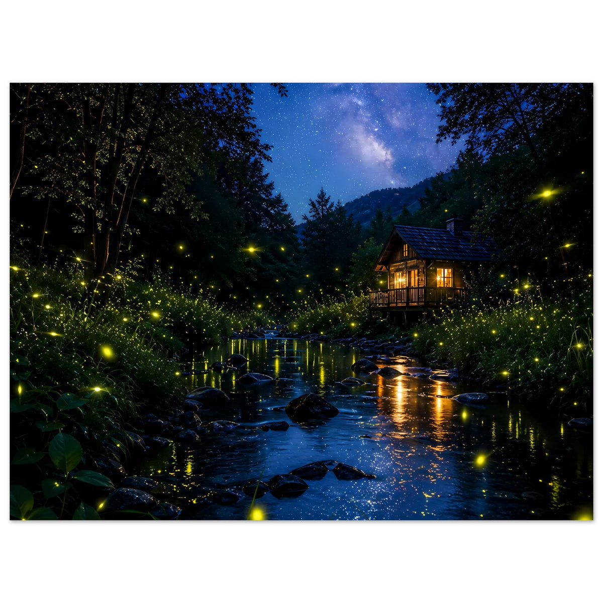 Poster mit Nachtlandschaft: Fluss im Wald, leuchtende Glühwürmchen und warmes Licht der Hütte