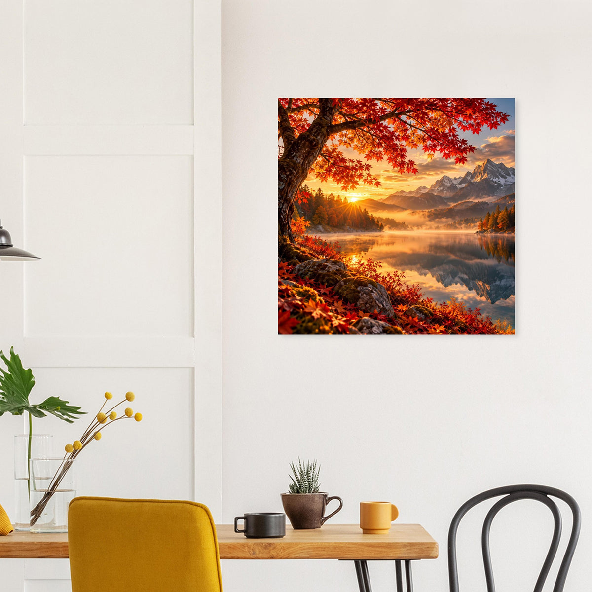 Poster mit Landschaftsmotiv über warmem Sonnenaufgang, rote Bäume am Ufer