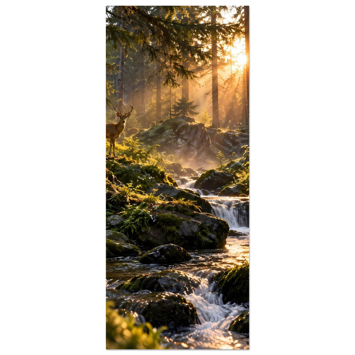 Vertikales Wandposter mit Waldfluss, Hirsch links und Sonnenaufgang im Hintergrund