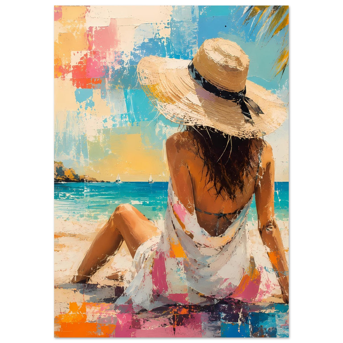Sommerposter: Frau von hinten im Strohhut und Strandkleid vor türkisfarbenem Wasser