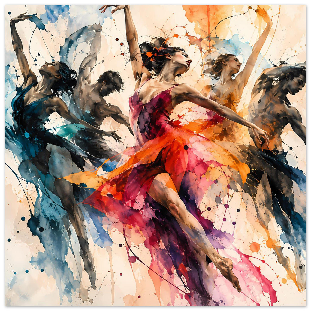 Quadratisch wirkendes Tanzkunst-Poster: Tänzerin im orange-roten Kleid, abstrakte Figuren