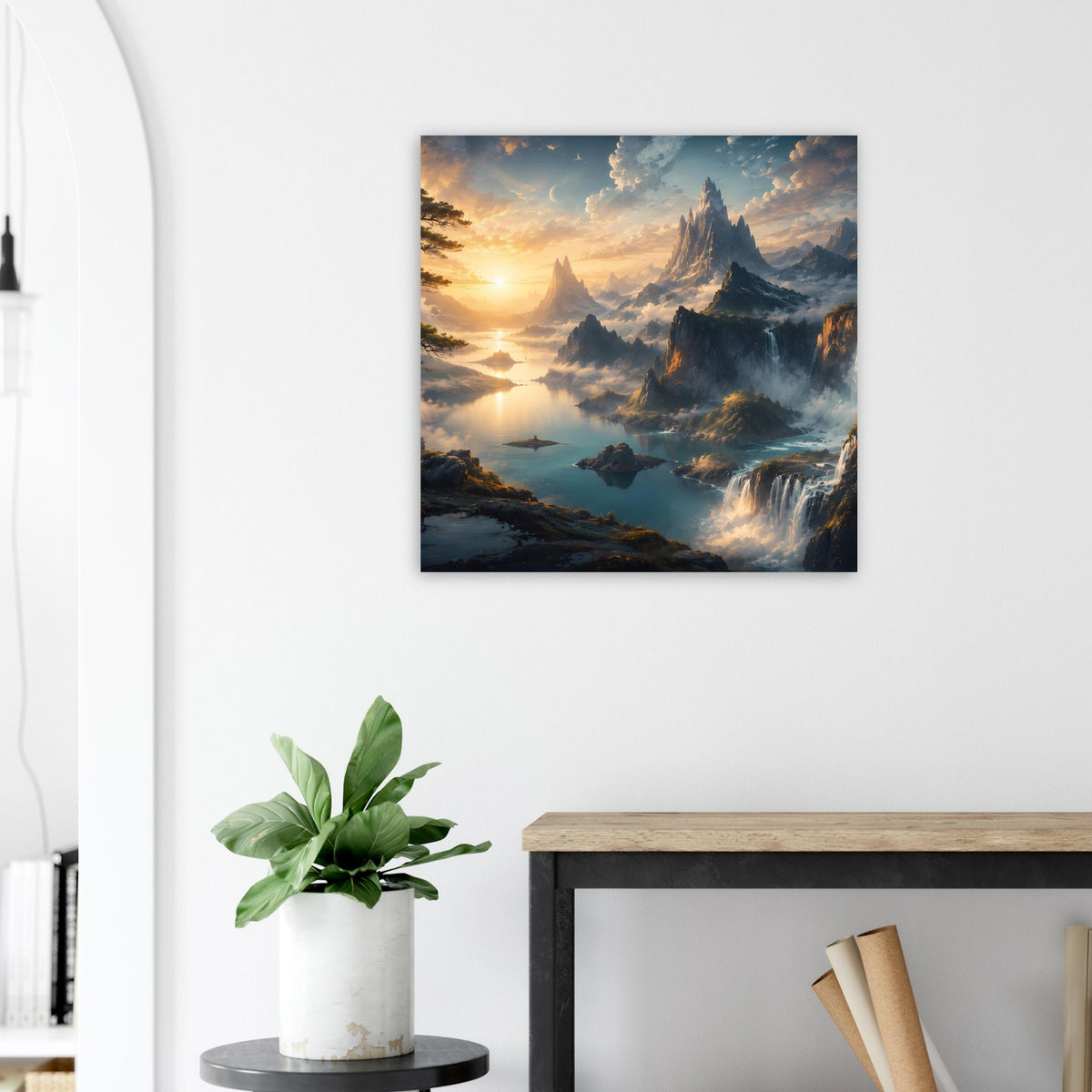 Quadratisches Poster mit Bergsee, Wasserfall und Sonnenaufgang in warmen Farbtönen