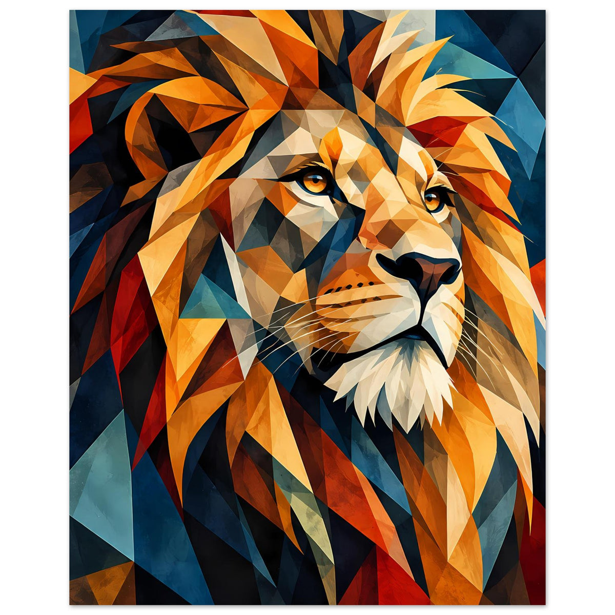 Wandposter mit geometrischem Löwenporträt, orangefarbene Mähne und blaue Akzente