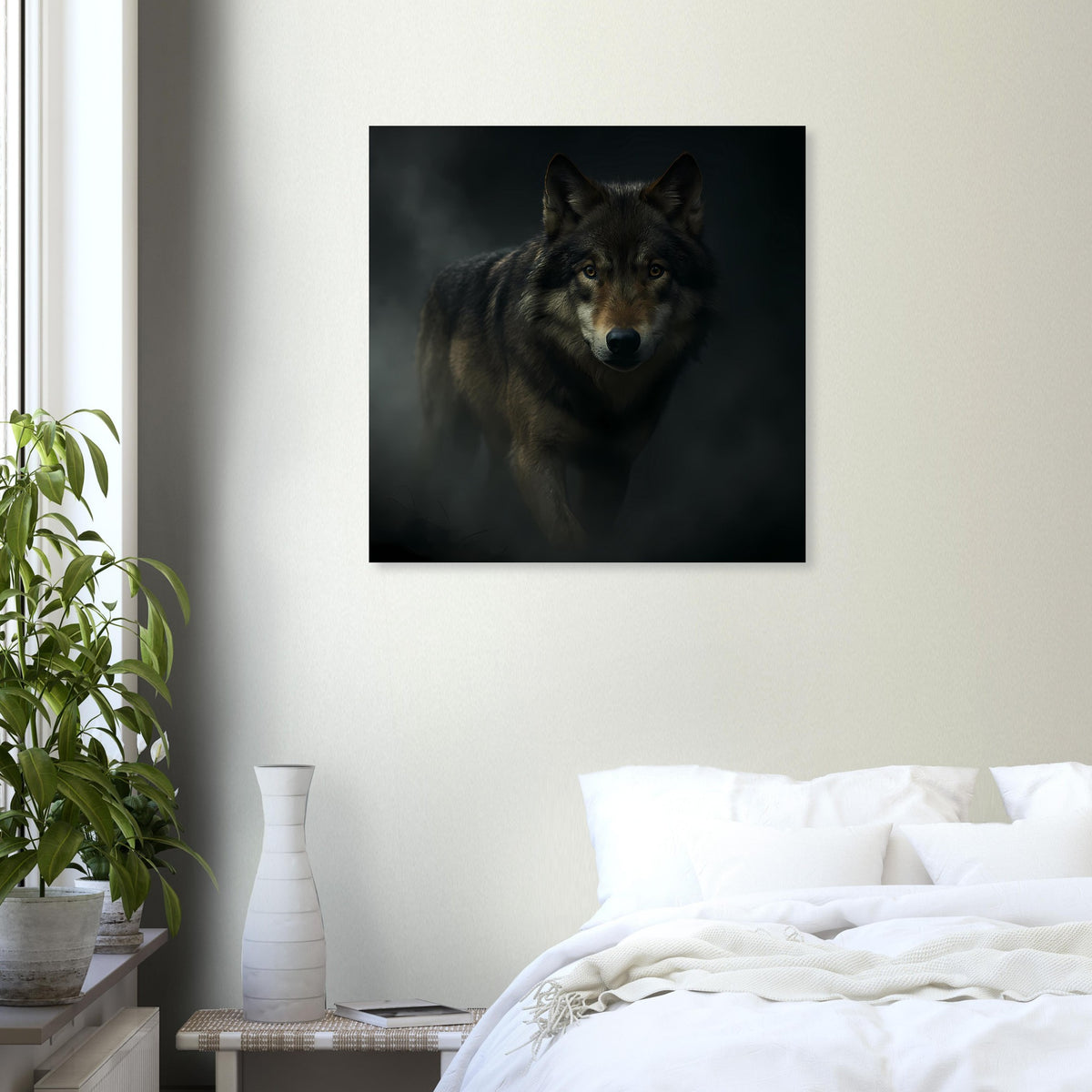 Quadratisches Wandposter mit Wolfsgesicht, scharfe Augen, dunkles Motiv