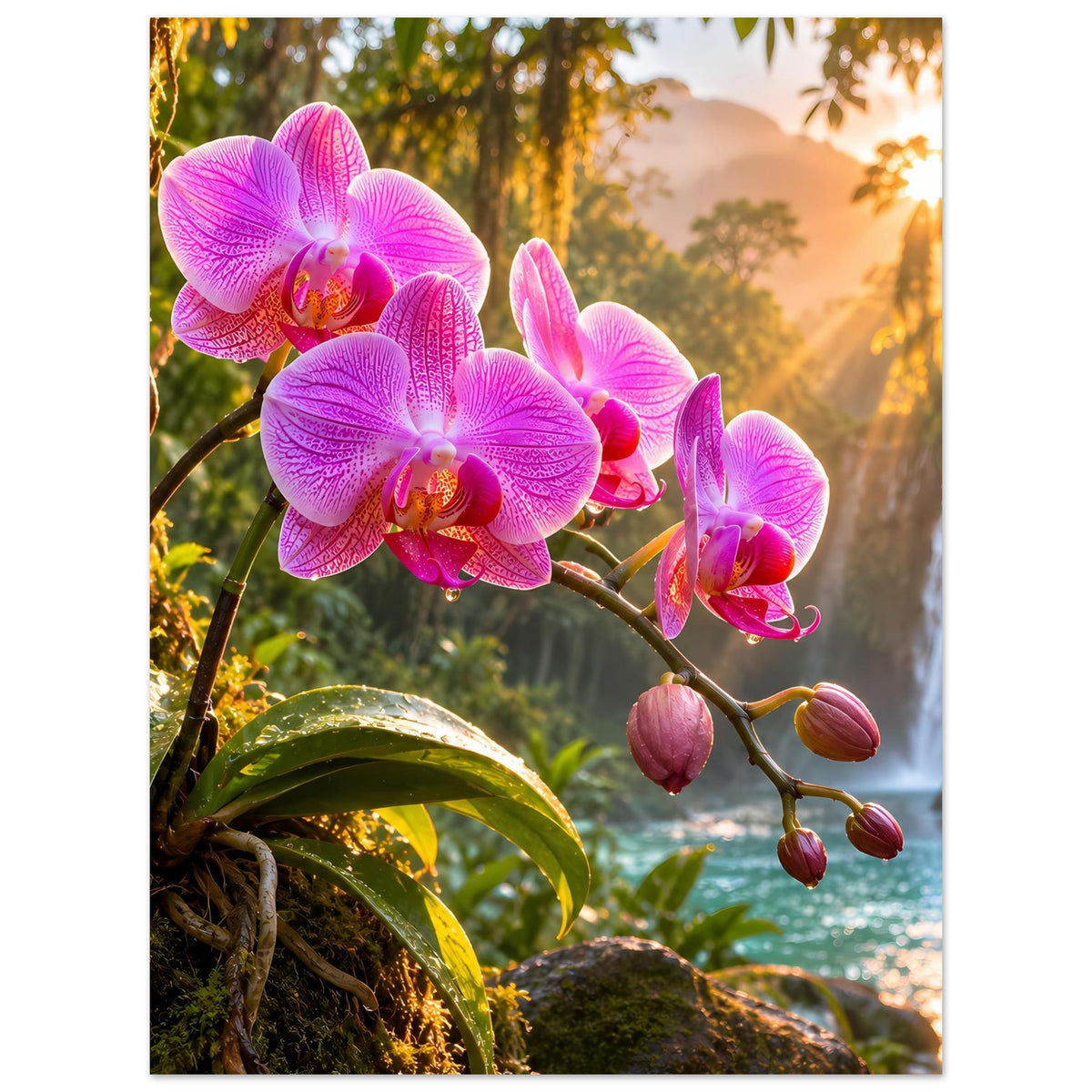 Naturposter mit pinkfarbenen Orchideenblüten, grünen Blättern und Moos