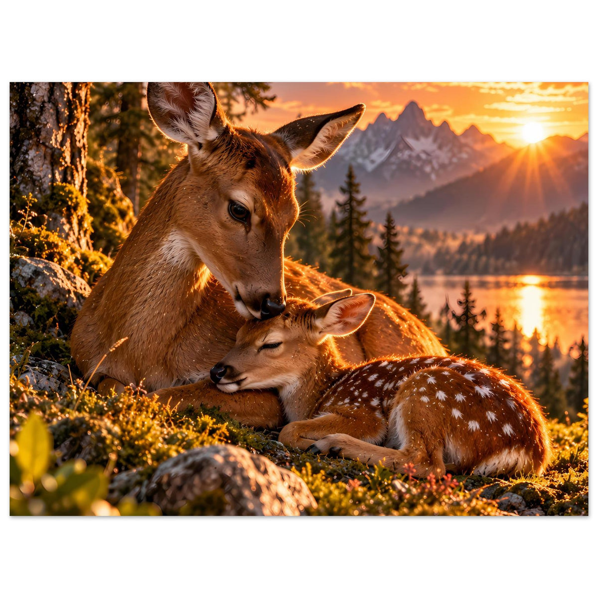 Poster im Querformat mit Hirsch und Jungtier, Kiefern und Wiese im Motiv
