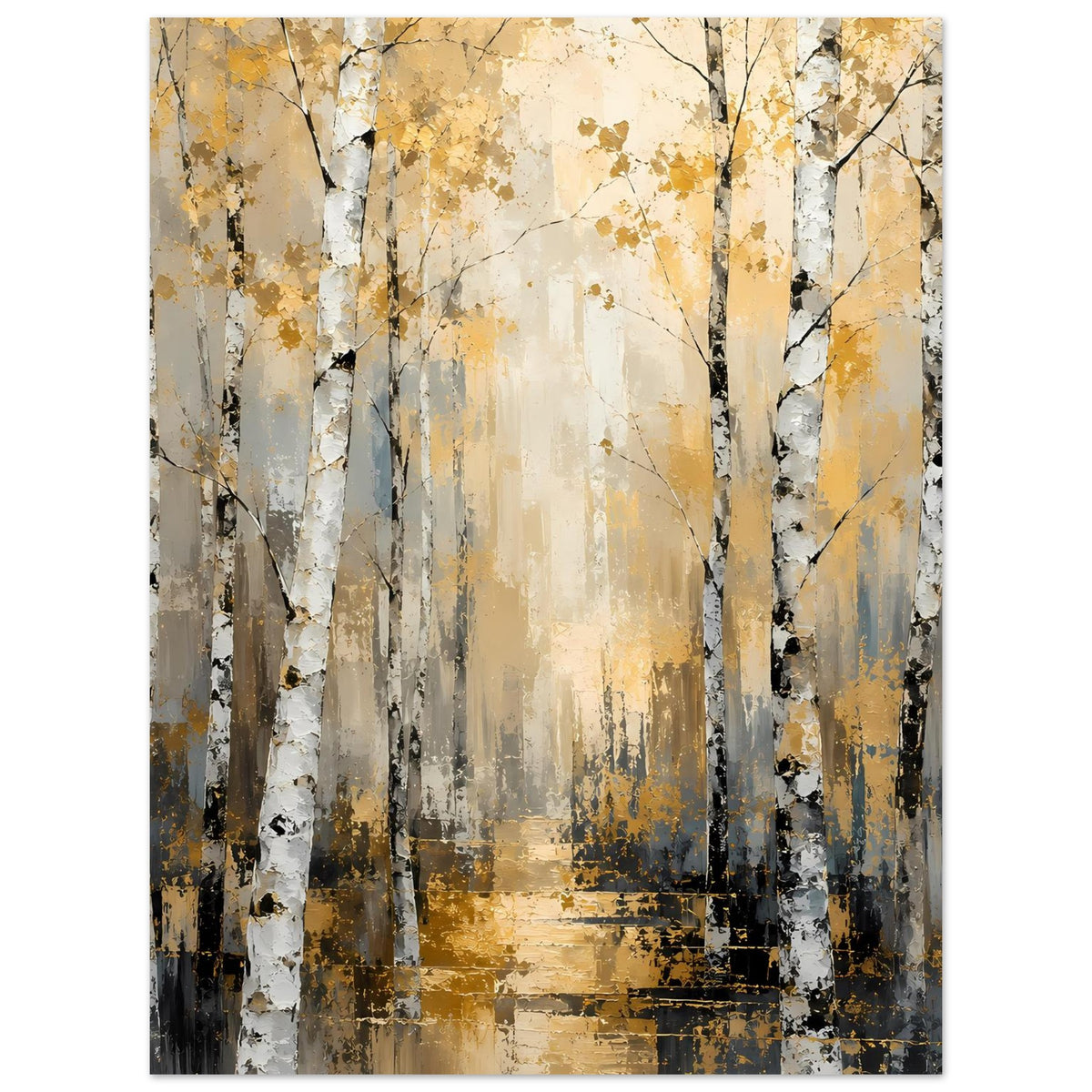 Hochkantposter Birkenwald abstrakt mit gelb-goldenem Bodenbereich und dunklen Konturen