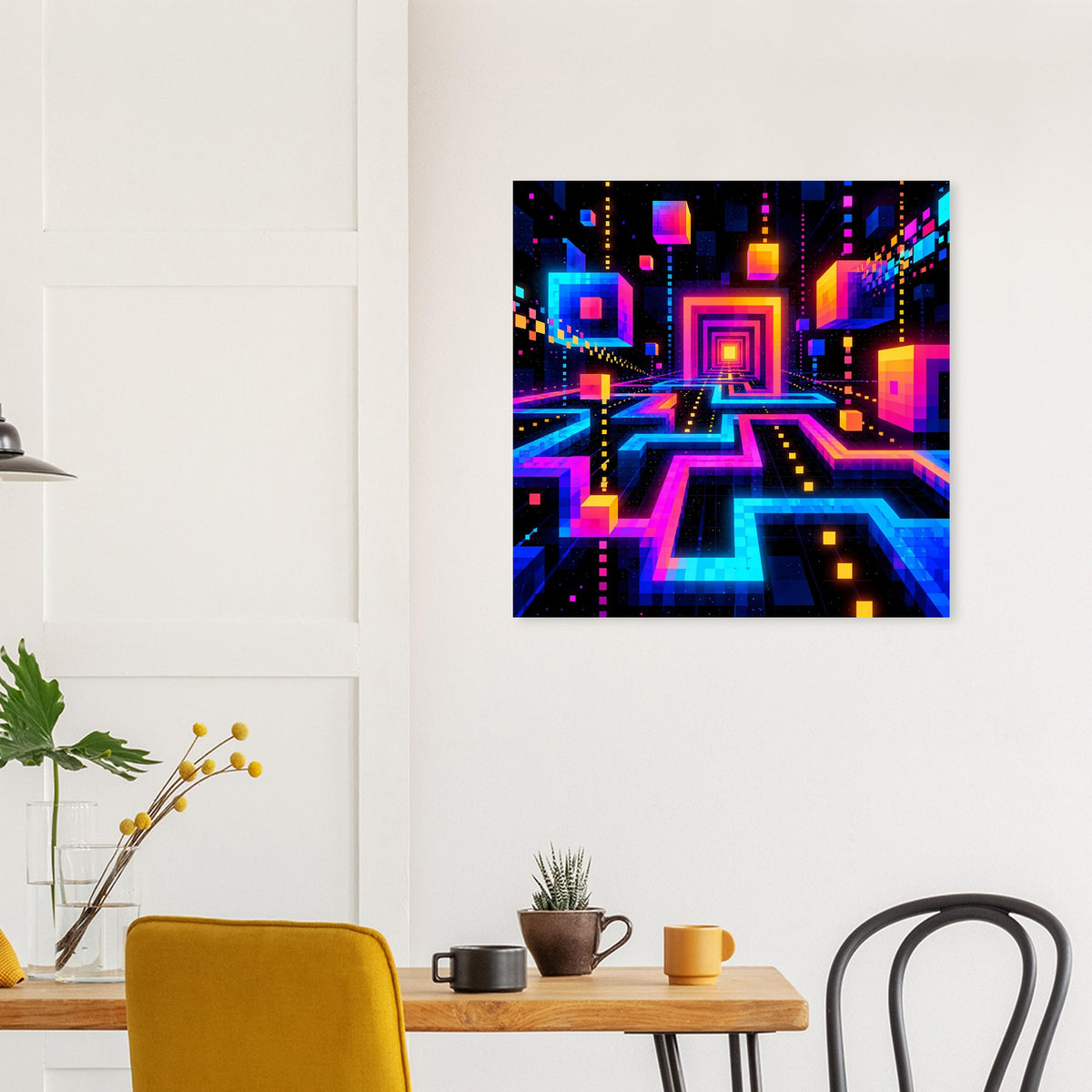 Quadratisches Poster mit Neon-Labyrinth-Optik aus Pixelblöcken und leuchtenden Quadraten