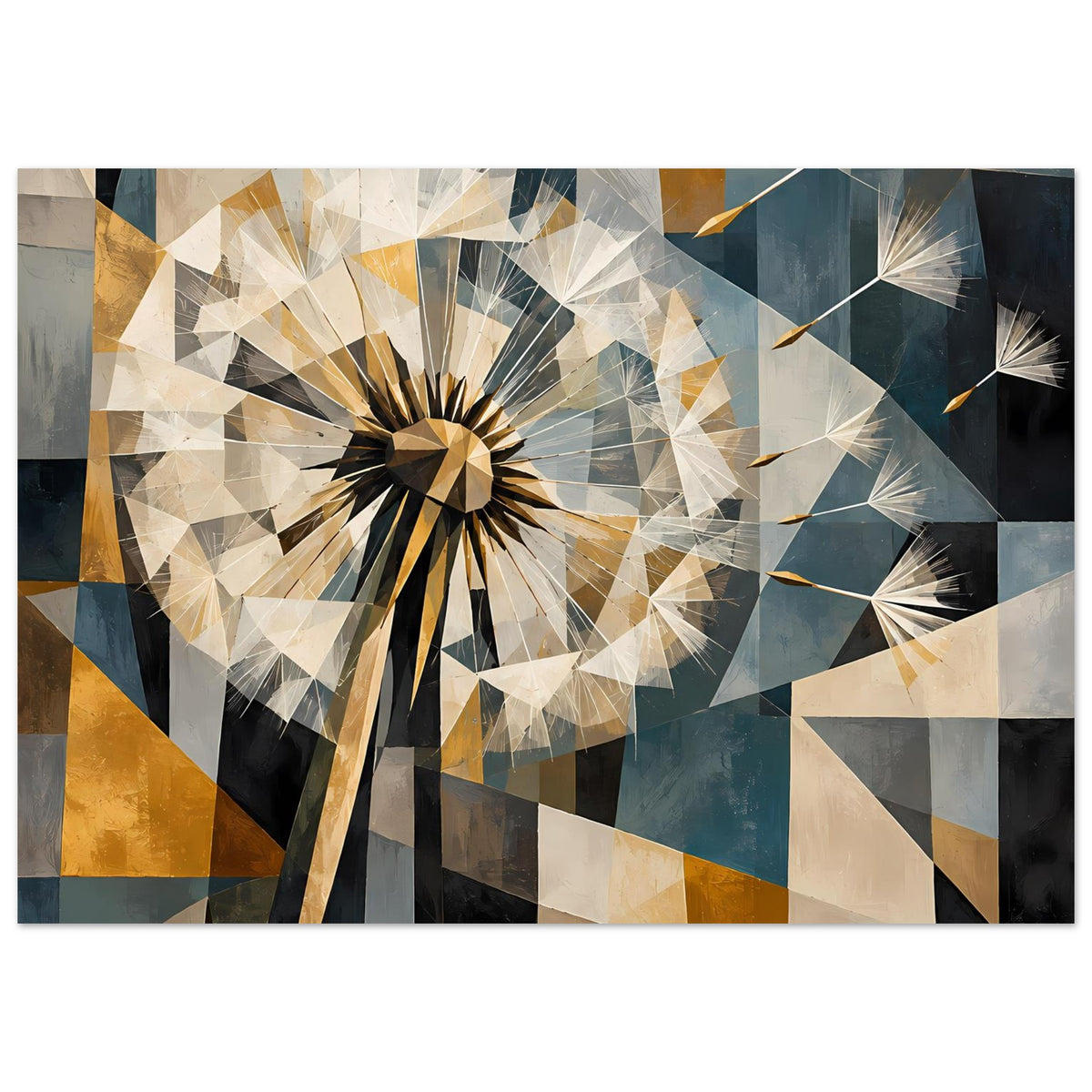 Rechteckiges Poster mit geometrischer Pusteblume und dreieckigem Muster in Beige, Braun und Blau