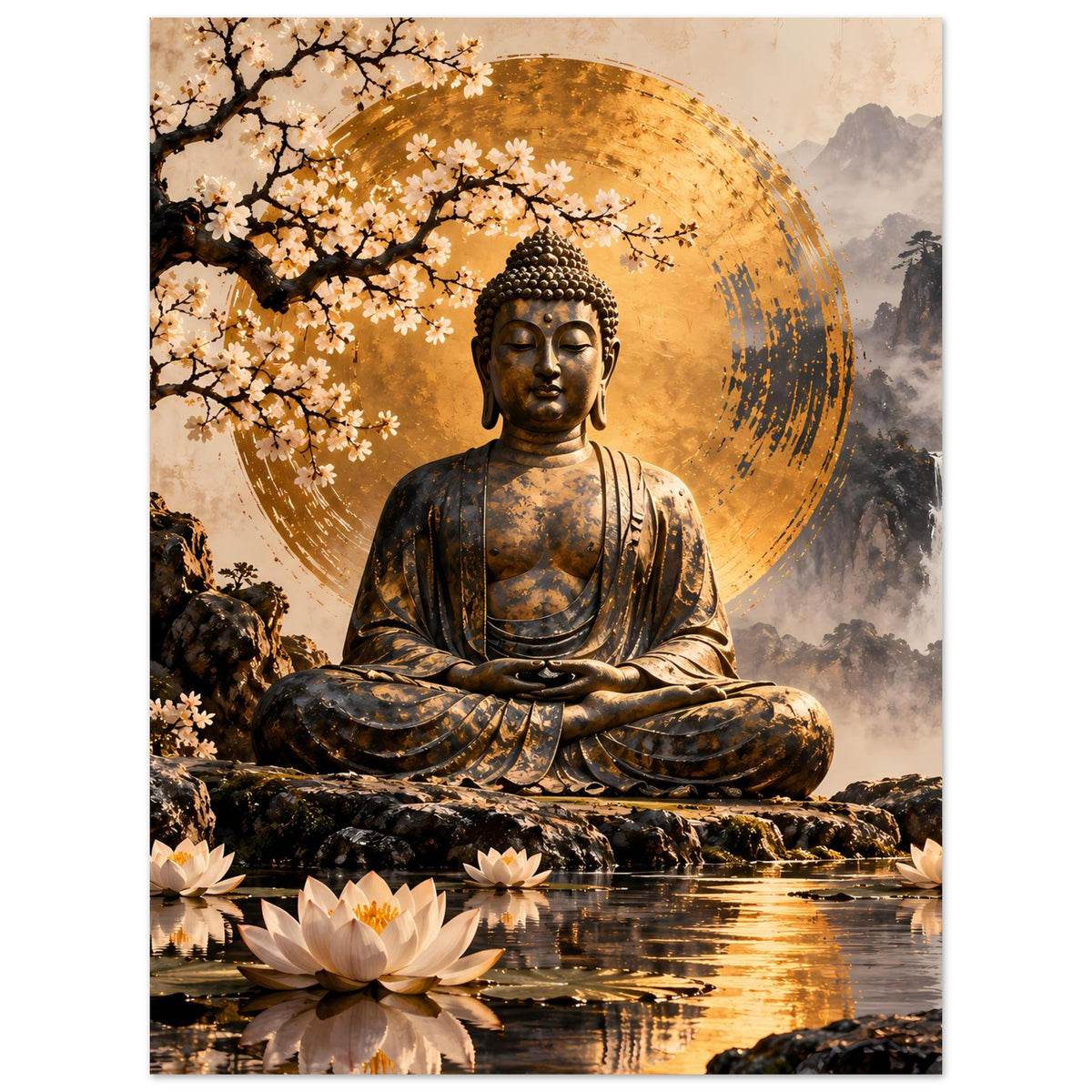 Poster mit sitzendem Buddha und goldener Aura, Kirschblüten links und Lotusblüten im Vordergrund