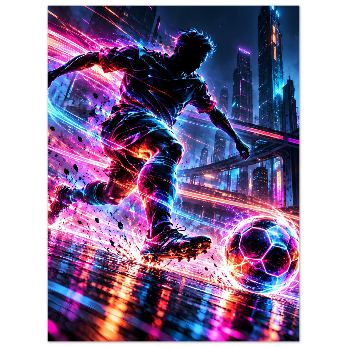 Neon-Soccer-Actionposter: Fußballer im Flug mit Neon-Linien, leuchtender Fußball im Vordergrund