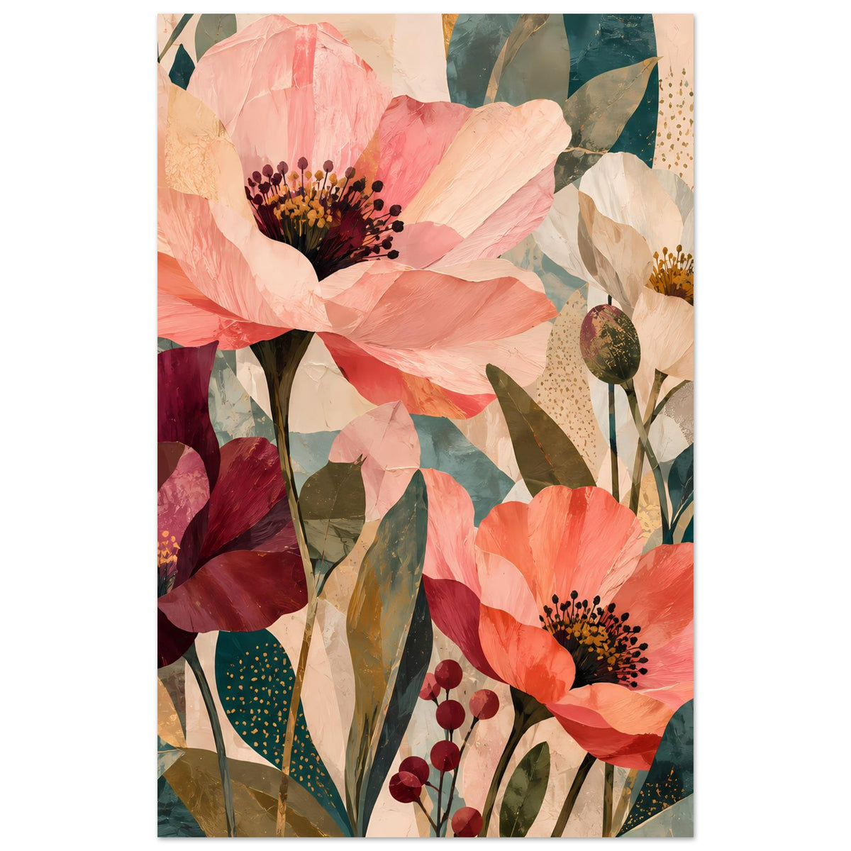 Blumenposter im Hochformat mit Korallen-, Weiß- und Burgundertönen sowie grünen Blättern