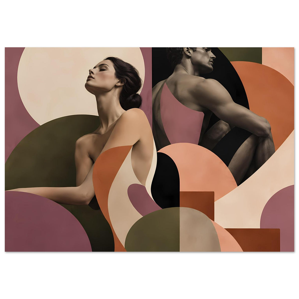 Querformat-Figurenposter: abstraktes Paar mit zwei Frauenporträts, warme Terrakotta- und Mauve-Töne