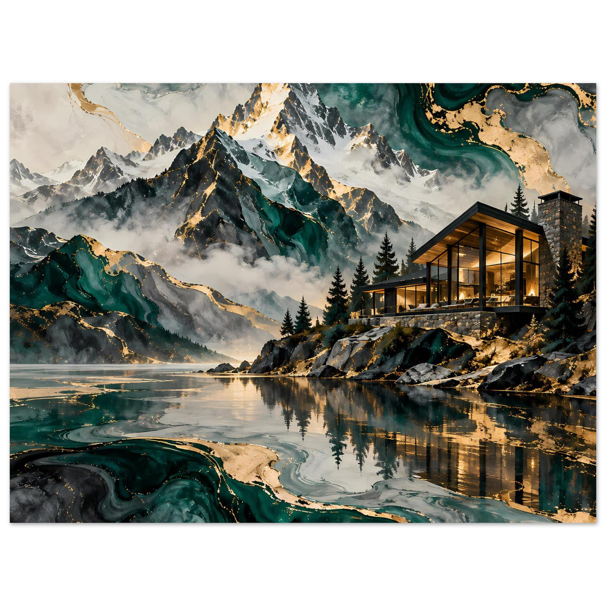Berglandschafts-Poster mit See, dramatischen Bergen, Nadelwald und beleuchtetem Chalet; türkisgrün und goldene Details.