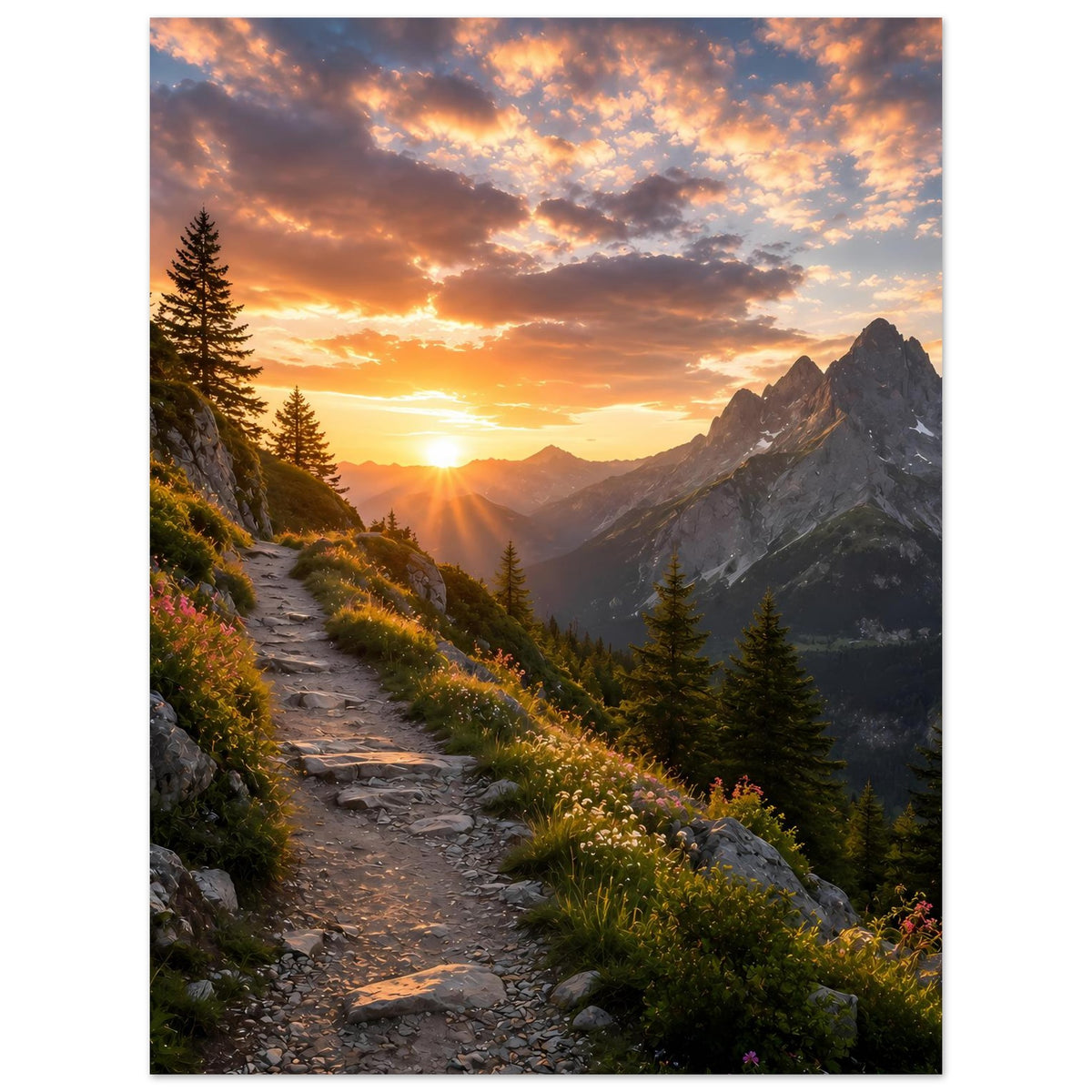 Hochformatiges Poster mit Sonnenaufgang im Gebirge, Weg durch Tannen und Felsen