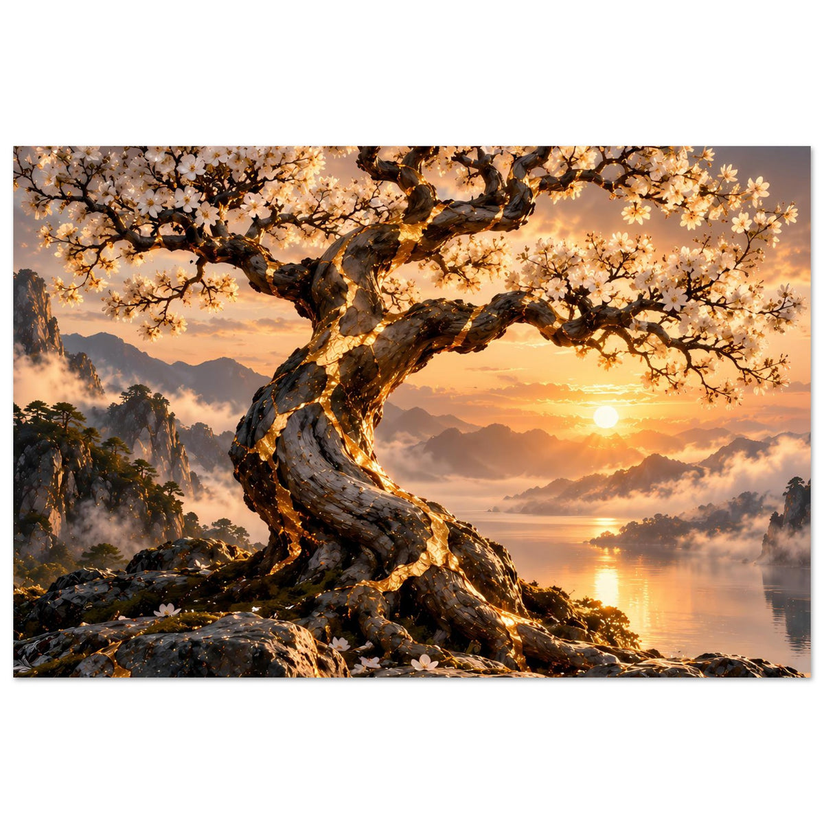 Horizontales Poster: Baumkrone mit rosa Blüten über Sonnenlicht, See und Wolkenmeer