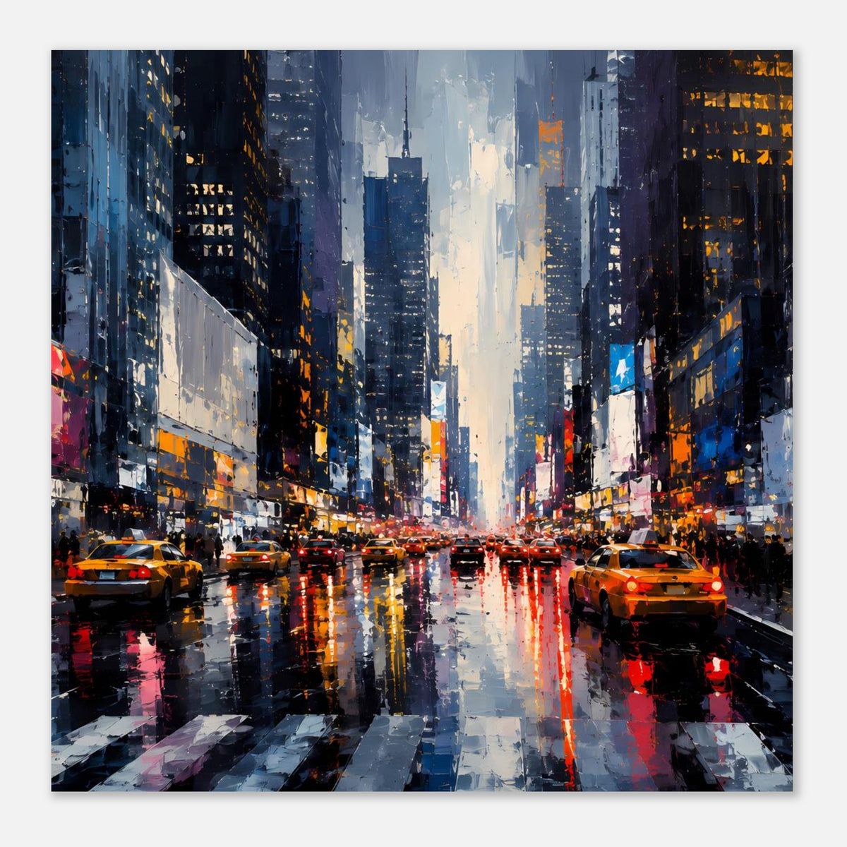 Stadtposter: regennasse Straße zwischen Hochhäusern, reflektierende Lichter und Fahrzeuge
