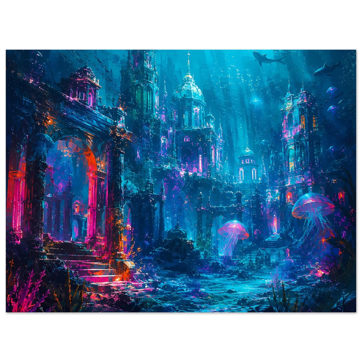 Fantasy-Unterwasserposter, querformat: versunkene Stadt, leuchtende Quallen im Vordergrund