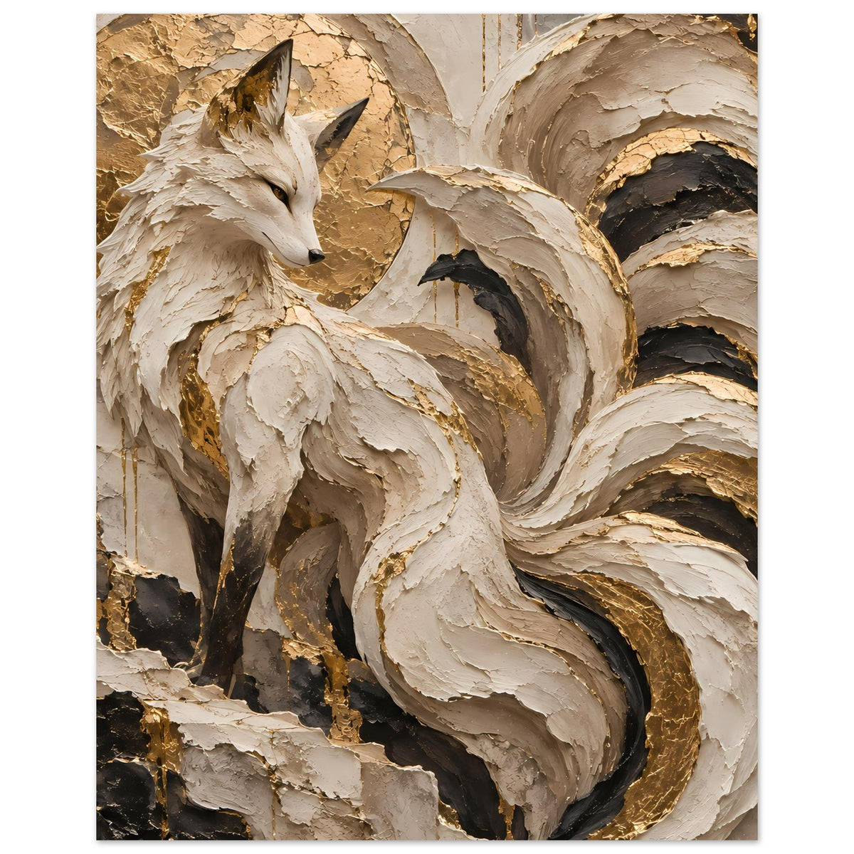 Fuchsposter, cremefarbener Fuchs im abstrakten Gold- und Schwarzdesign