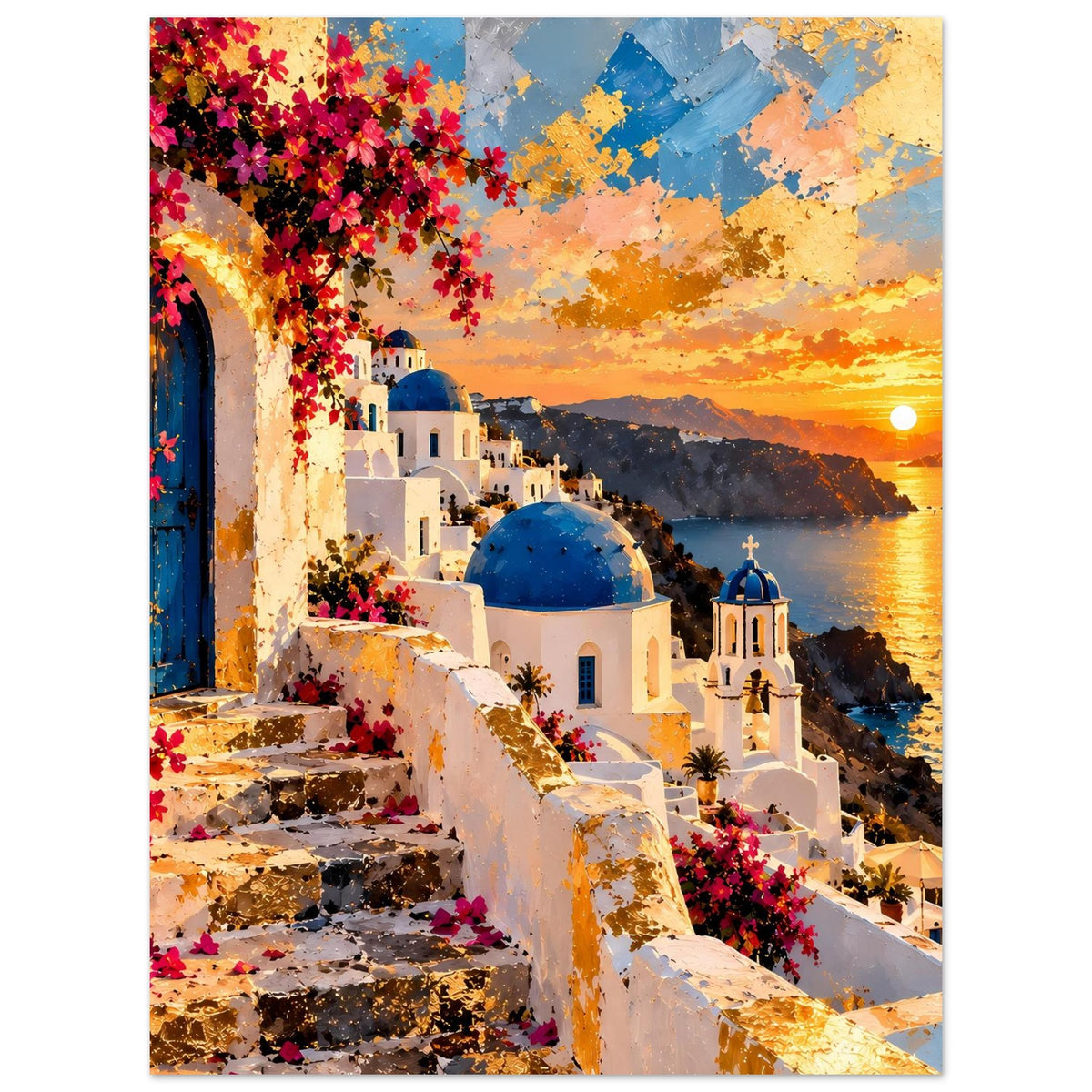 Poster mit weißem Treppenweg, blauer Kuppel, farbigen Blüten und goldenem Himmel