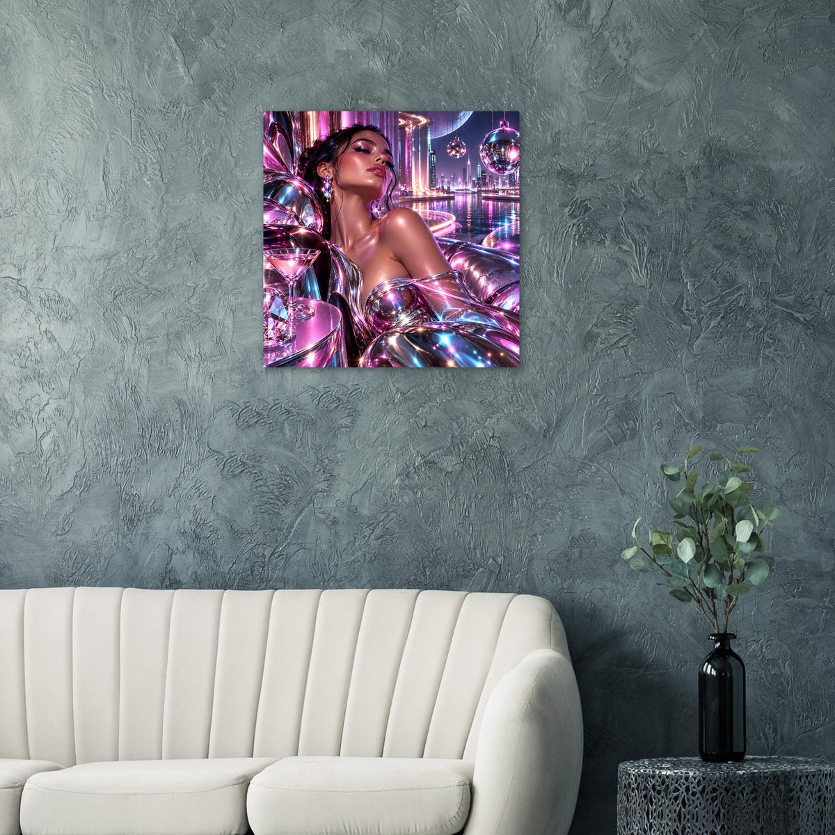 Neon-Futurismus-Poster: glamouröse Frau in metallicem Violett vor futuristischer Lichtszene