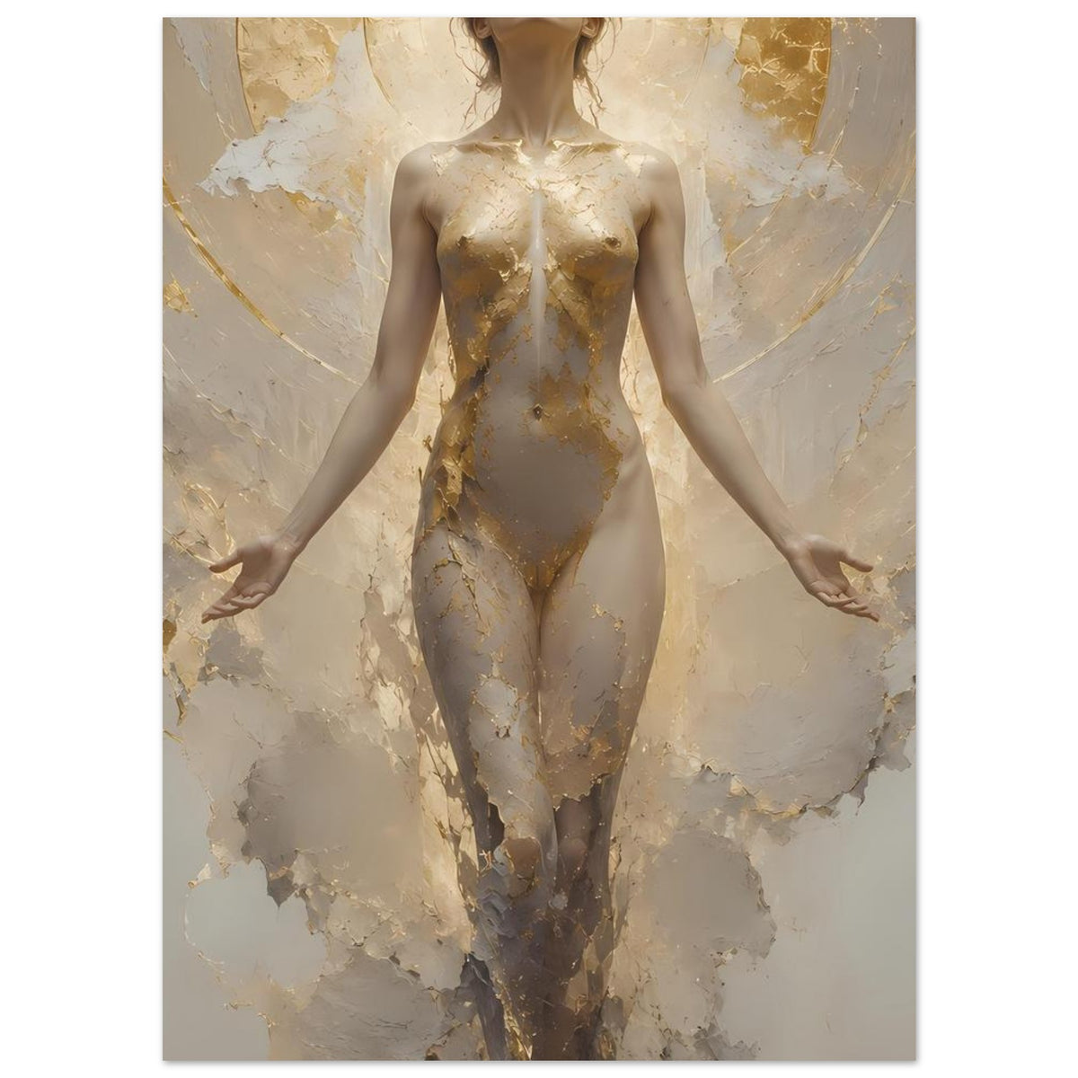 Schwebende Frauenfigur auf Creme-Gold-Poster, goldene Figur vor hellem Steinmuster