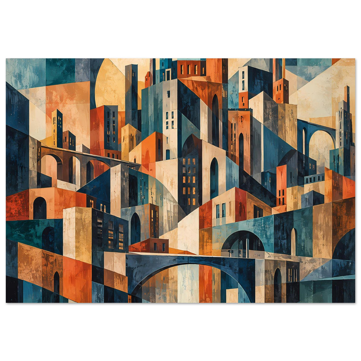 Geometrisches Stadtpanorama-Poster im Querformat mit Bogenbrücke und Wolkenkratzern