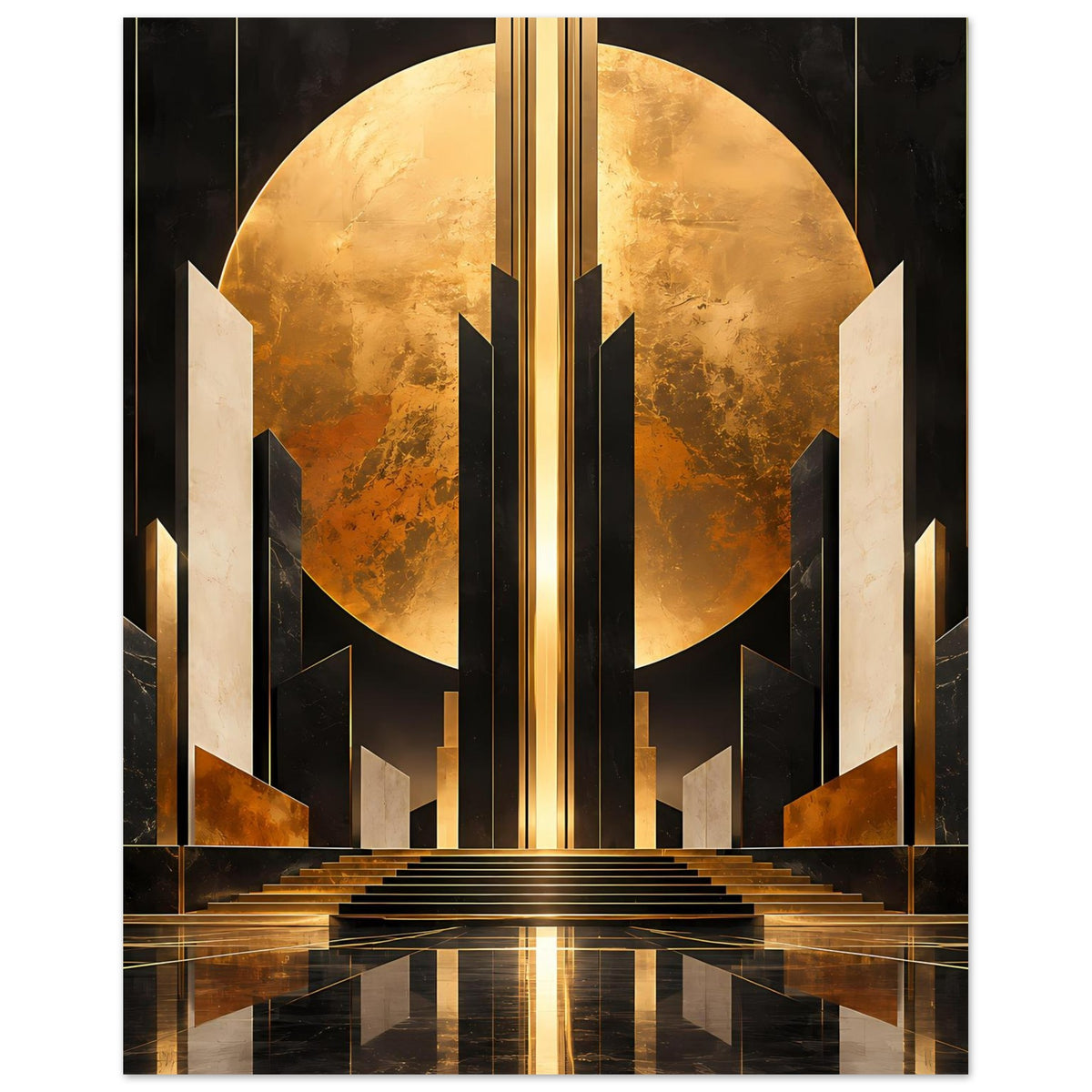 Art-Déco-Poster im Hochformat mit goldener Scheibe, schwarzen Formen und Säulen