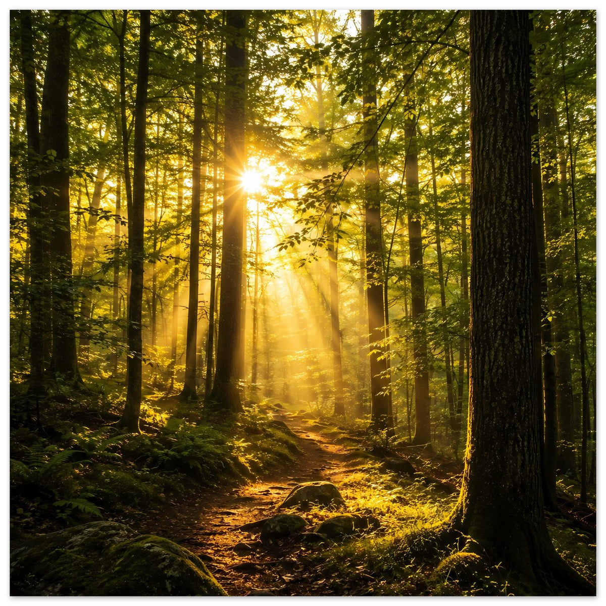 Poster mit Sonnenaufgang im Wald, goldgelbe Lichtstrahlen, Moosebene und schmaler Pfad