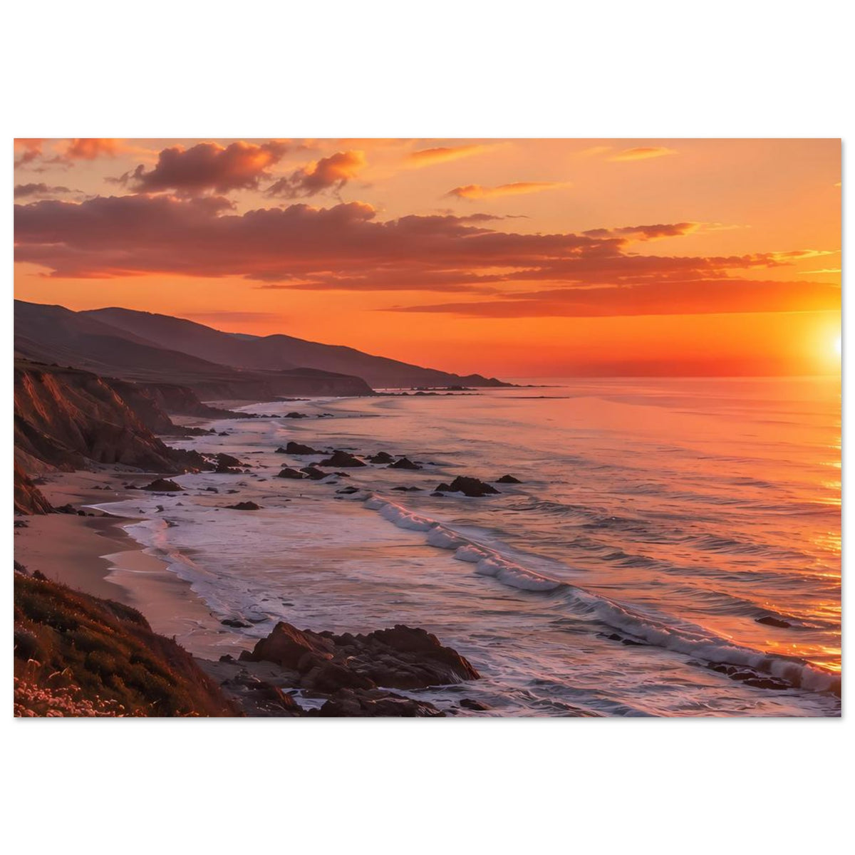 Poster mit Küstenszene im Sonnenuntergang, orangefarbener Himmel, Strand, Felsen und Wellen