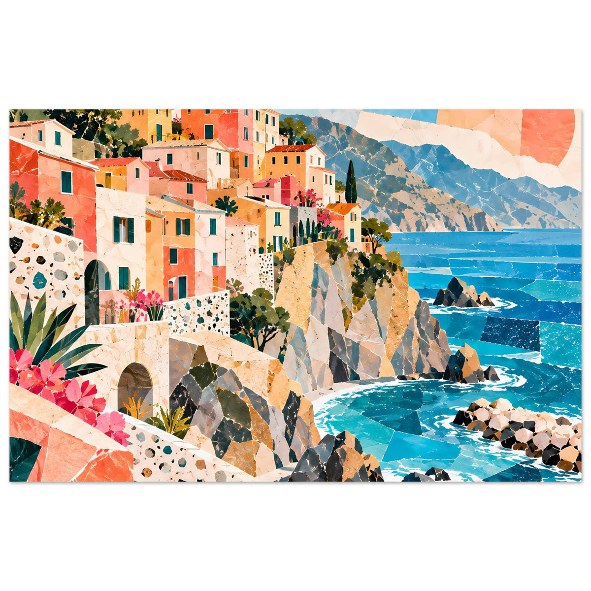 Horizontales Wandposter mit Küstendorf, bunten Häusern, Klippen und türkisblauem Meer
