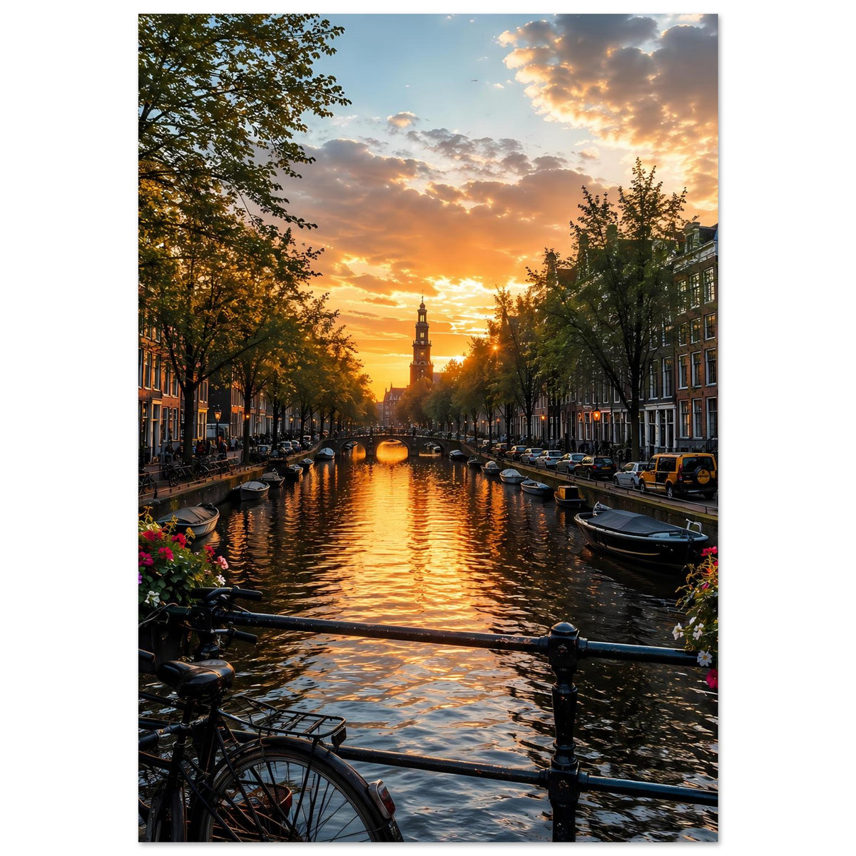 Poster im Hochformat mit Amsterdamer Kanal bei Abendsonne, Bäumen und Häuserzeinfassungen.