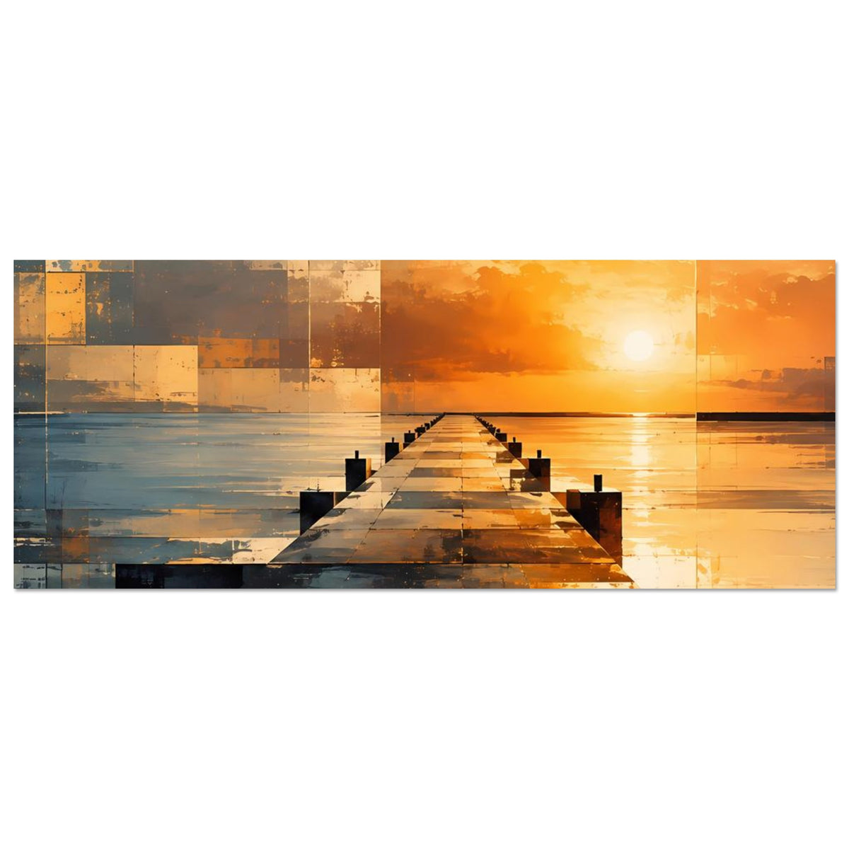 Wandposter im Querformat mit geometrischem Pier und Sonnenuntergang, orange-grau