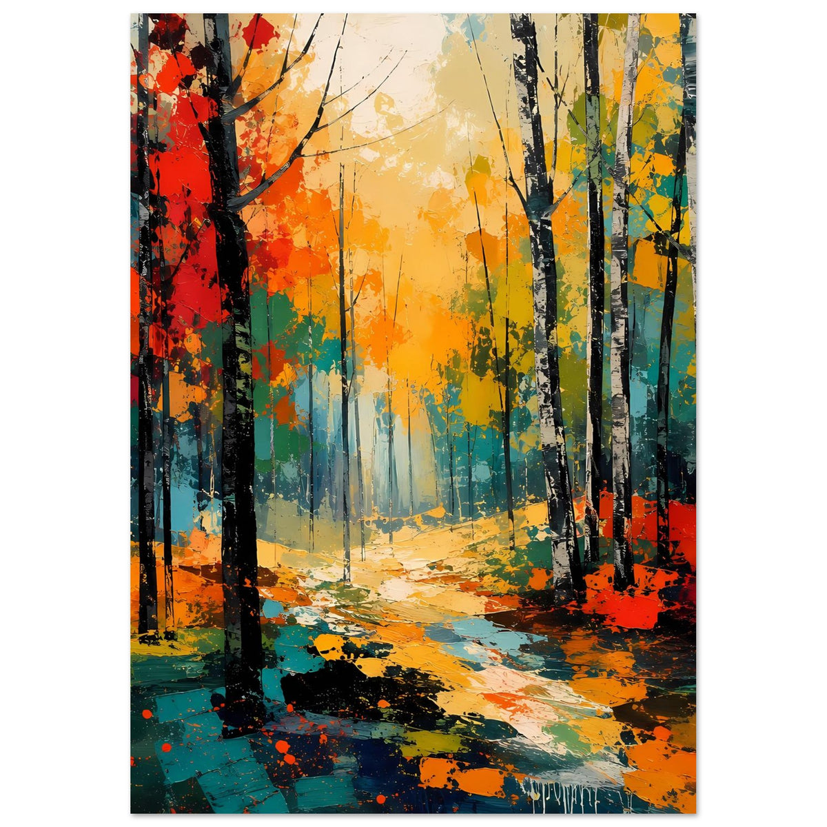 Vertikales Herbstwald-Poster mit farbigen Baumreihen, orange-gelbem Licht und Pfad
