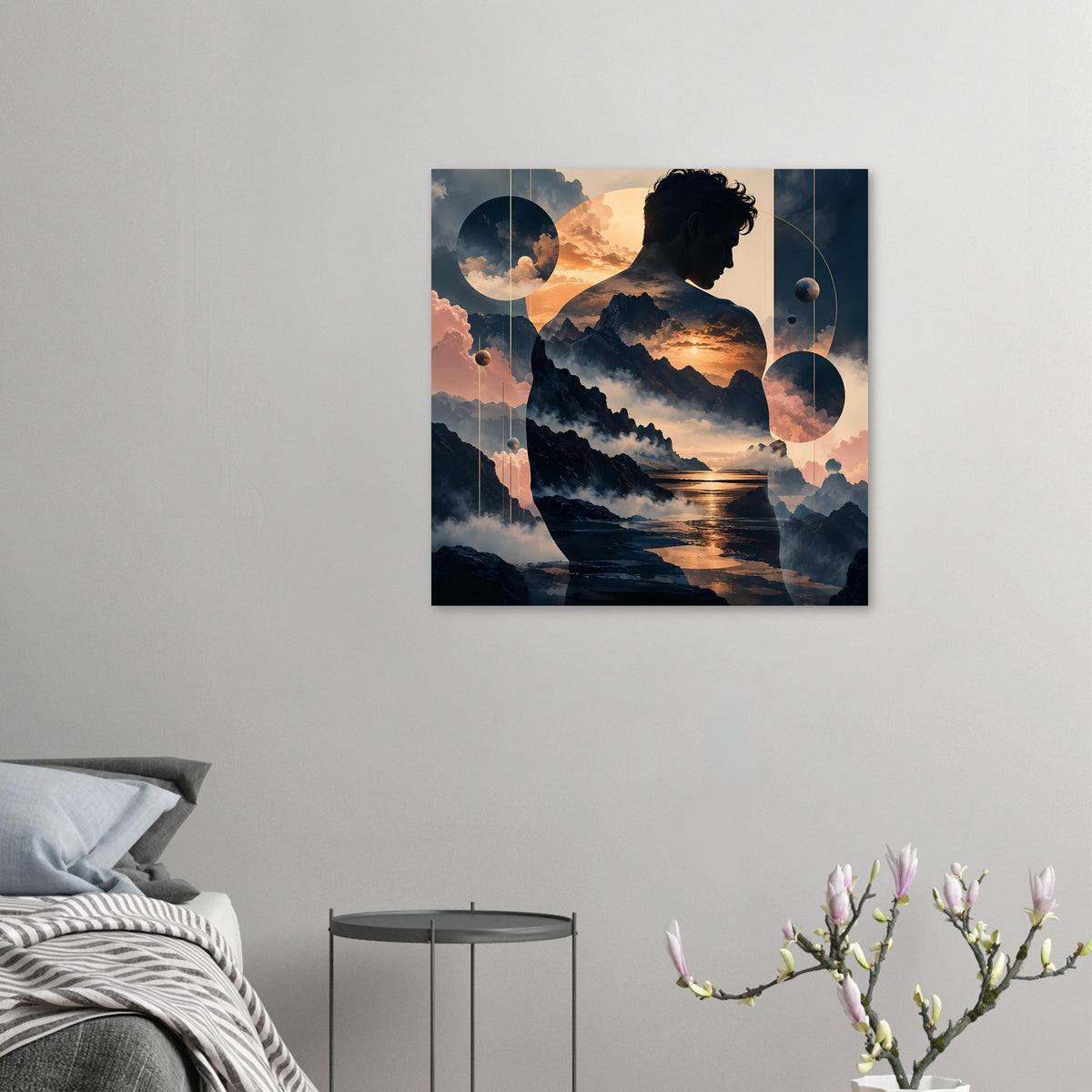 Poster: Mannsilhouette mit Bergen, Meereslinie bei Sonnenuntergang und abstrakten Kugeln/Kreisen