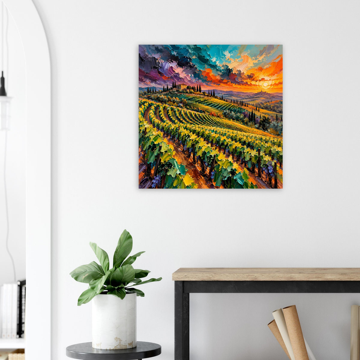 Quadratisches Landschaftsposter, Weinberglandschaft mit goldenem Licht und kräftigen Farben