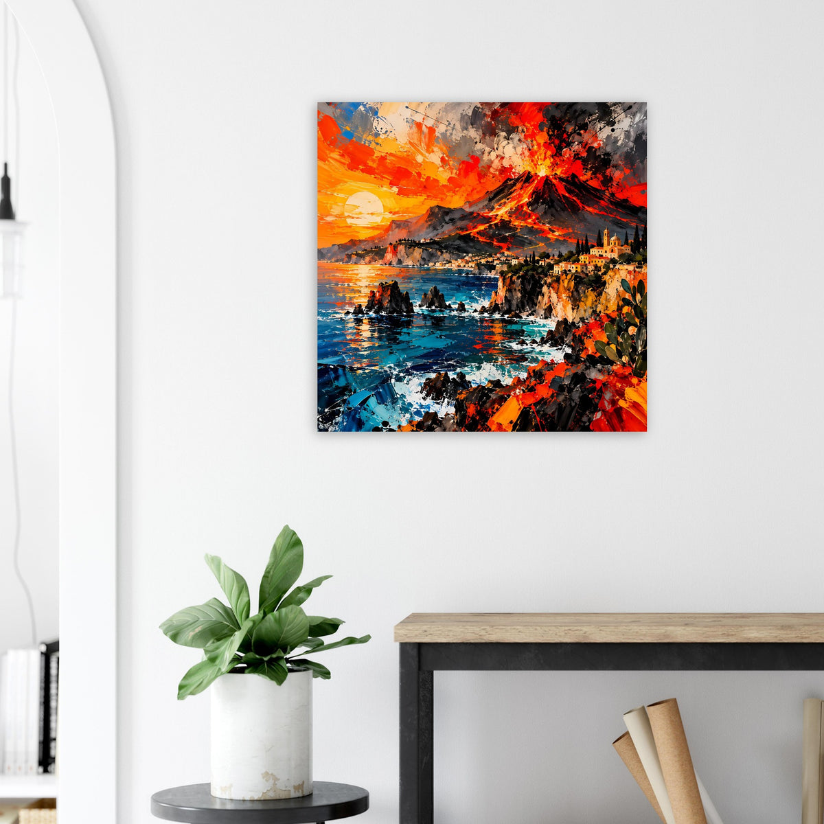 Quadratisches Poster: Lavaausbruch in Orange und Rot, schwarze Rauchwolken, blaues Wasser