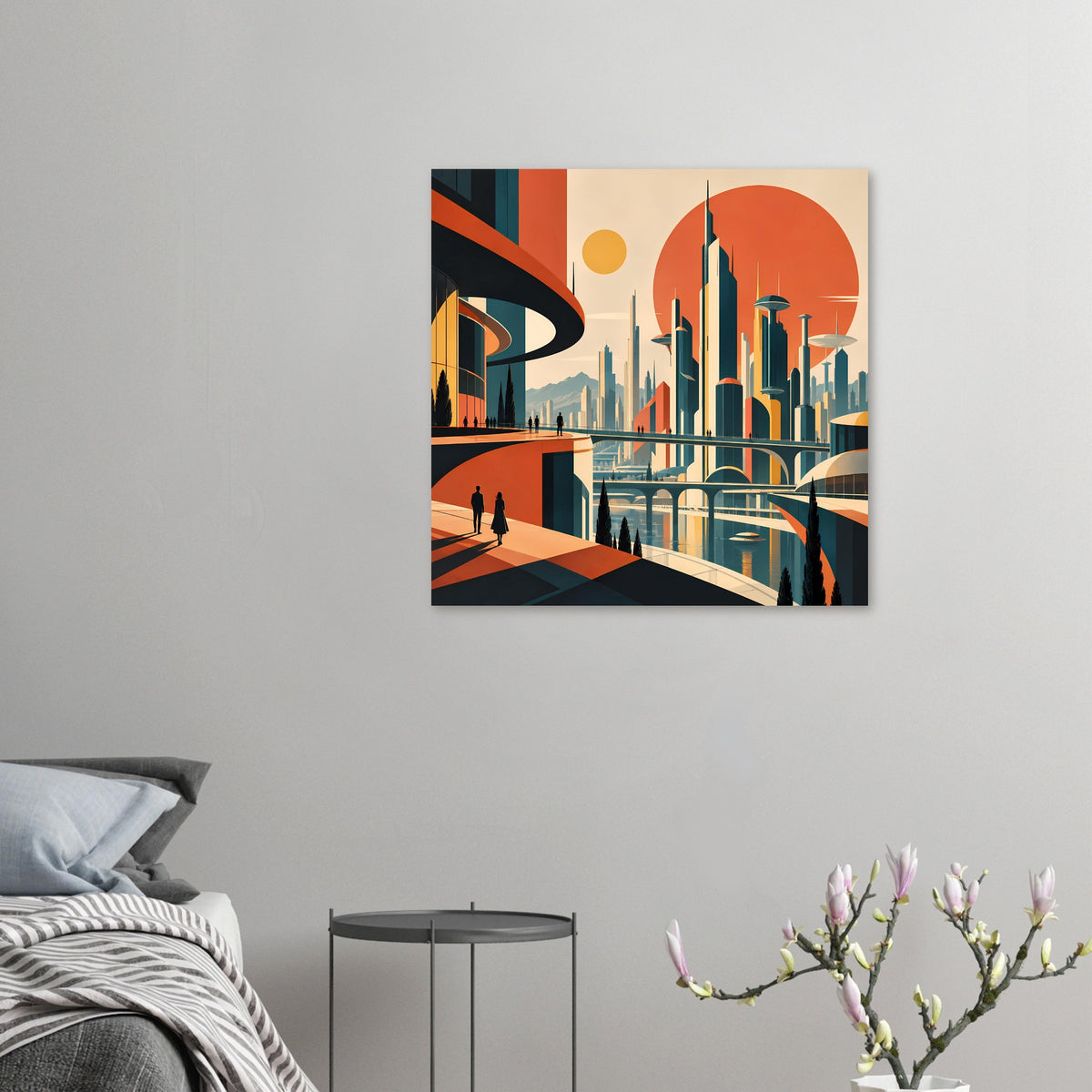 Art-Déco-Stadtposter mit futuristischer Skyline und Brücken