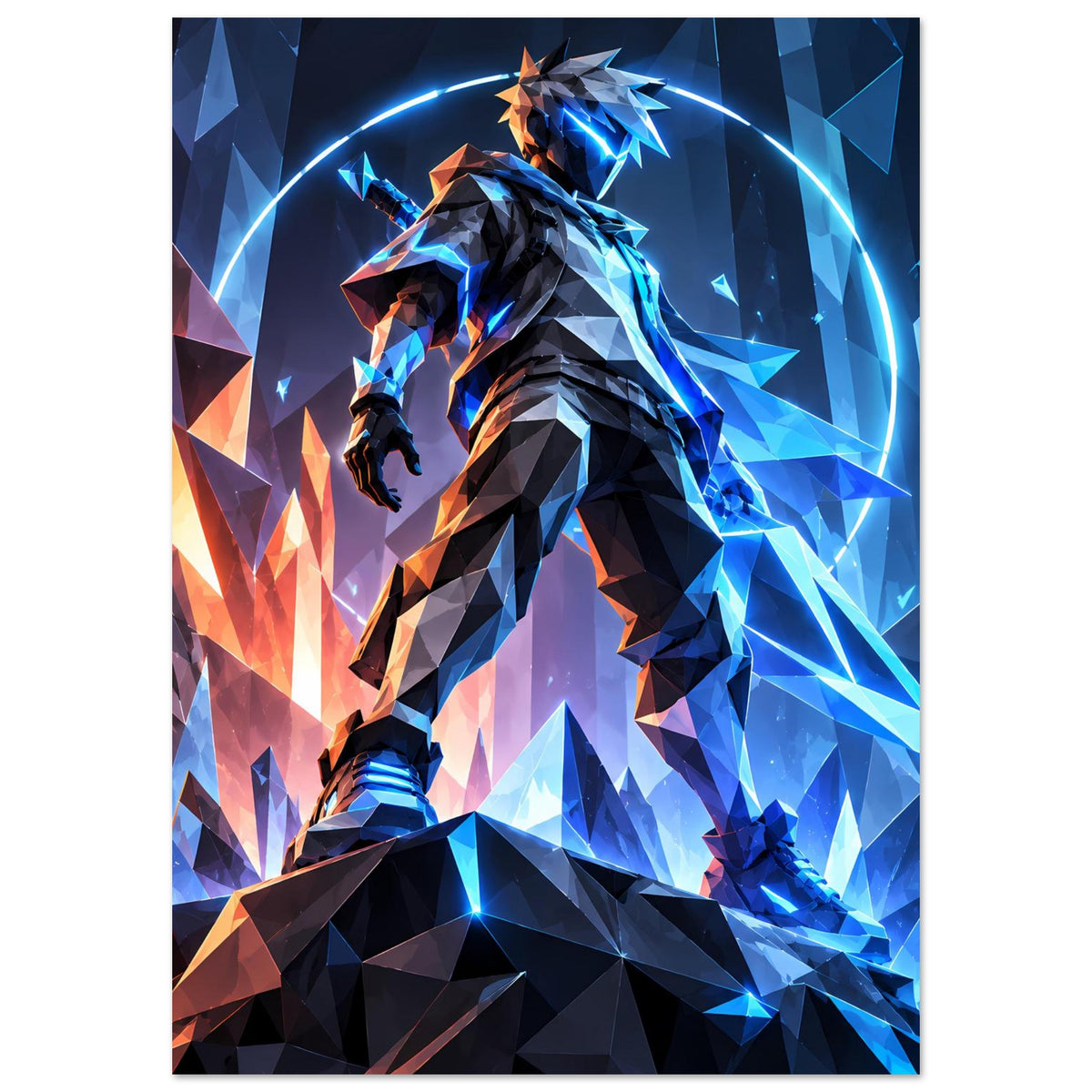 Neon-Poster Hochformat mit futuristischem Krieger, leuchtender Ring, Blau-Orange, Polygonstil