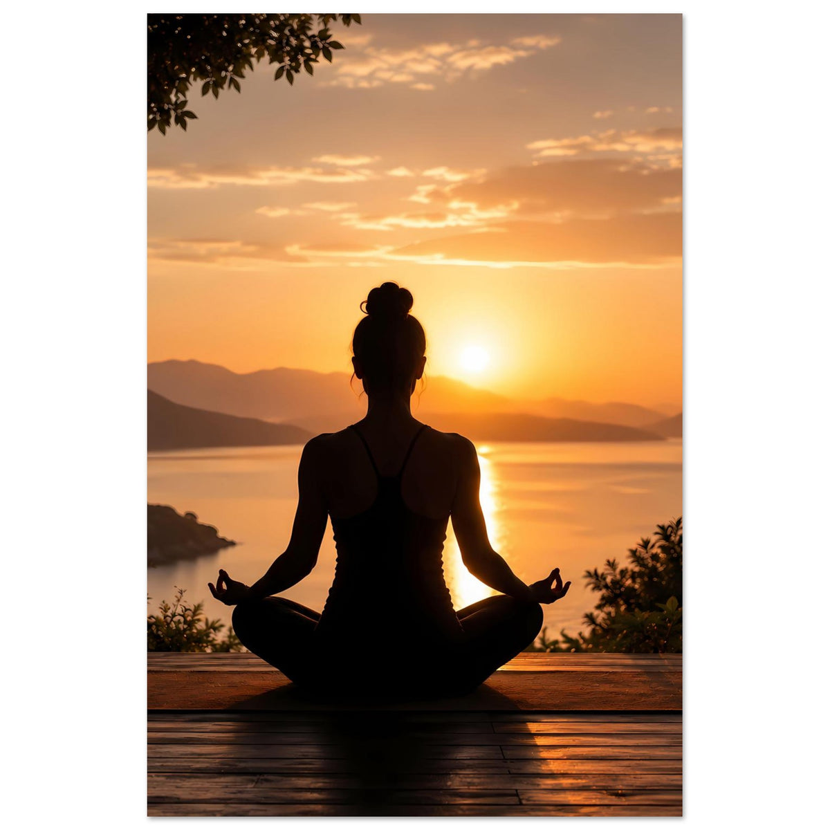 Meditationsposter im Hochformat: dunkle Silhouette im Lotussitz vor orangefarbenem Sonnenuntergang