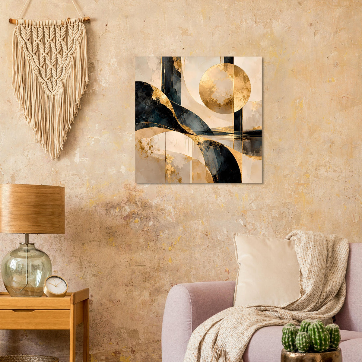Abstraktes Kunstposter: goldener Kreis, schwarze geschwungene Linien, quadratisch