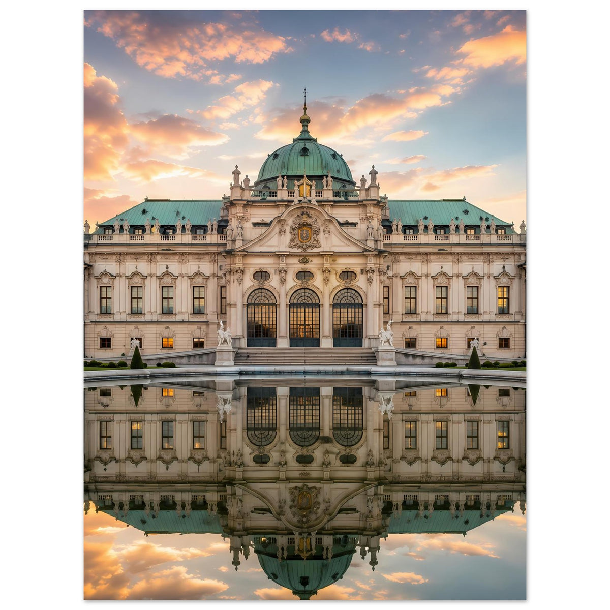 Schloss-Poster mit Barockgebäude, grüner Kuppel und reflektierender Wasserfläche