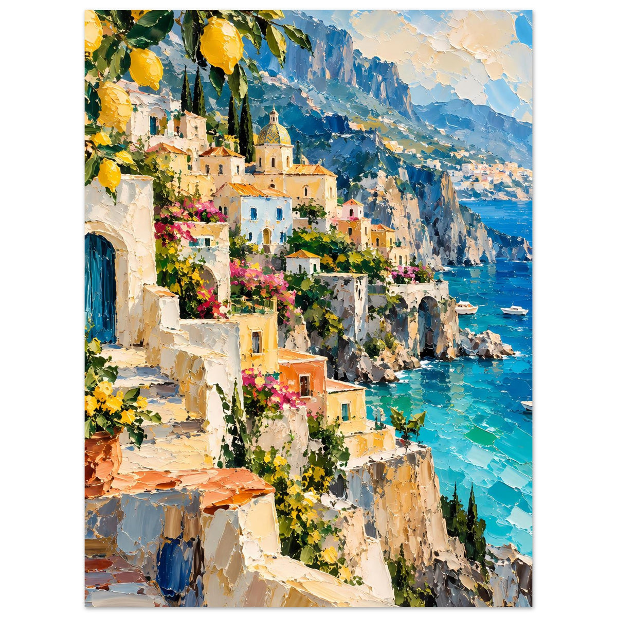 Mediterranes Küstenlandschafts-Poster (vertikal): Blumen am Balkon, felsige Küste, Meer