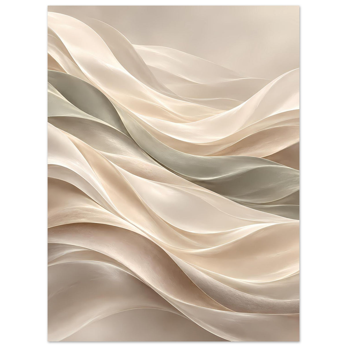 Wellenkunst-Poster im Hochformat mit weichen Wellenlinien in Creme- und Grautönen.