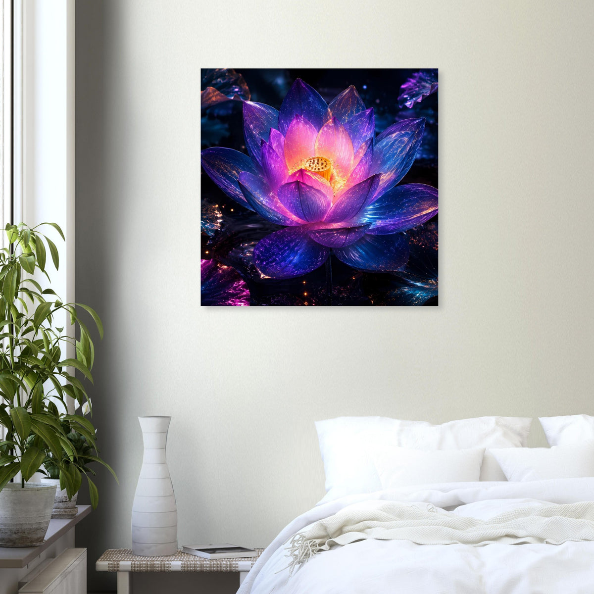 Quadratisches Poster mit Lotusblume, violett-blaues Farbspiel und leuchtendem orange-goldenen Zentrum