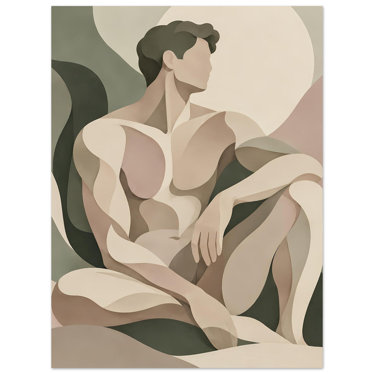 Abstraktes Poster mit sitzender Frau in Beige-, Braun- und Grüntönen