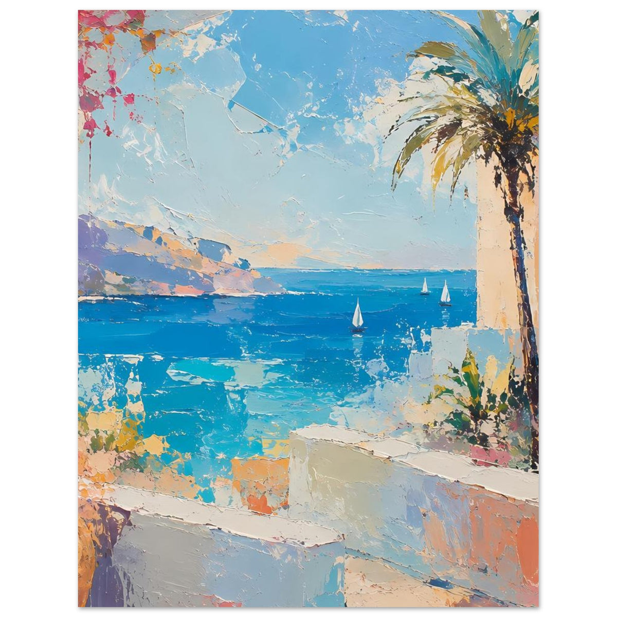 Sommer-Poster mit Strandpromenade, Palme und Segelbooten auf türkisfarbenem Wasser